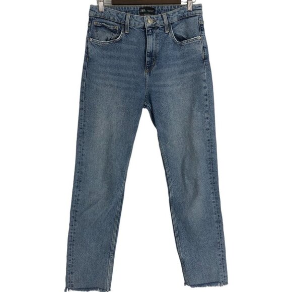 Zara Medium Wash straight leg High Rise cropped  Raw Hem Jeans size 30. - Picture 1 of 15